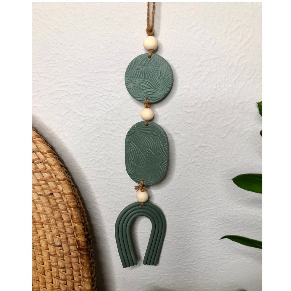 Boho Farmhouse Hand Crafted Sage Clay and wooden bead Hanging Wall Art piece